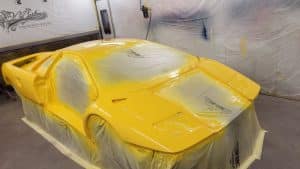 progress of yellow Lamborghini Diablo repainting
